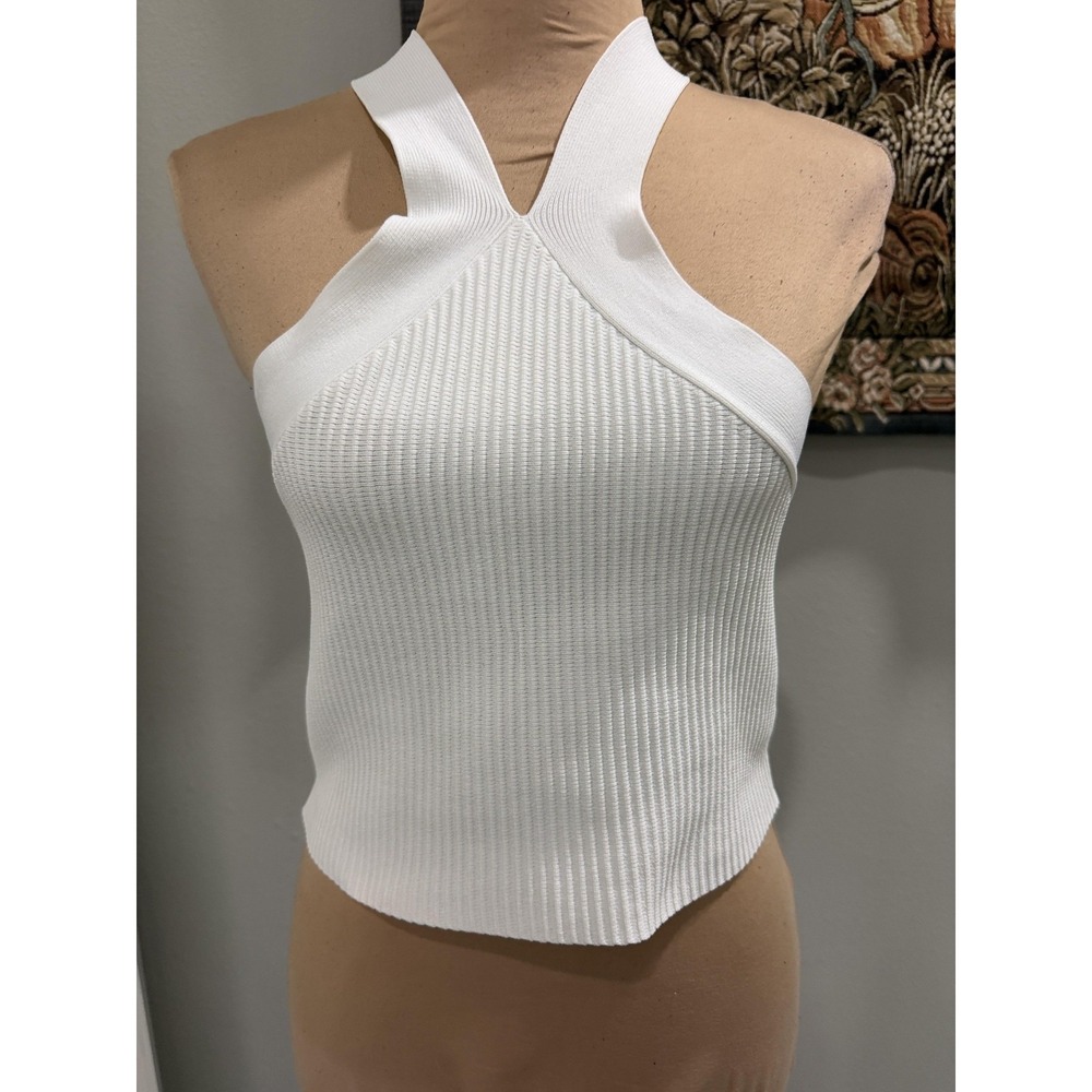 Forever 21 Tank Top Womens Medium White Ribbed Knit Halter Cropped Stretch